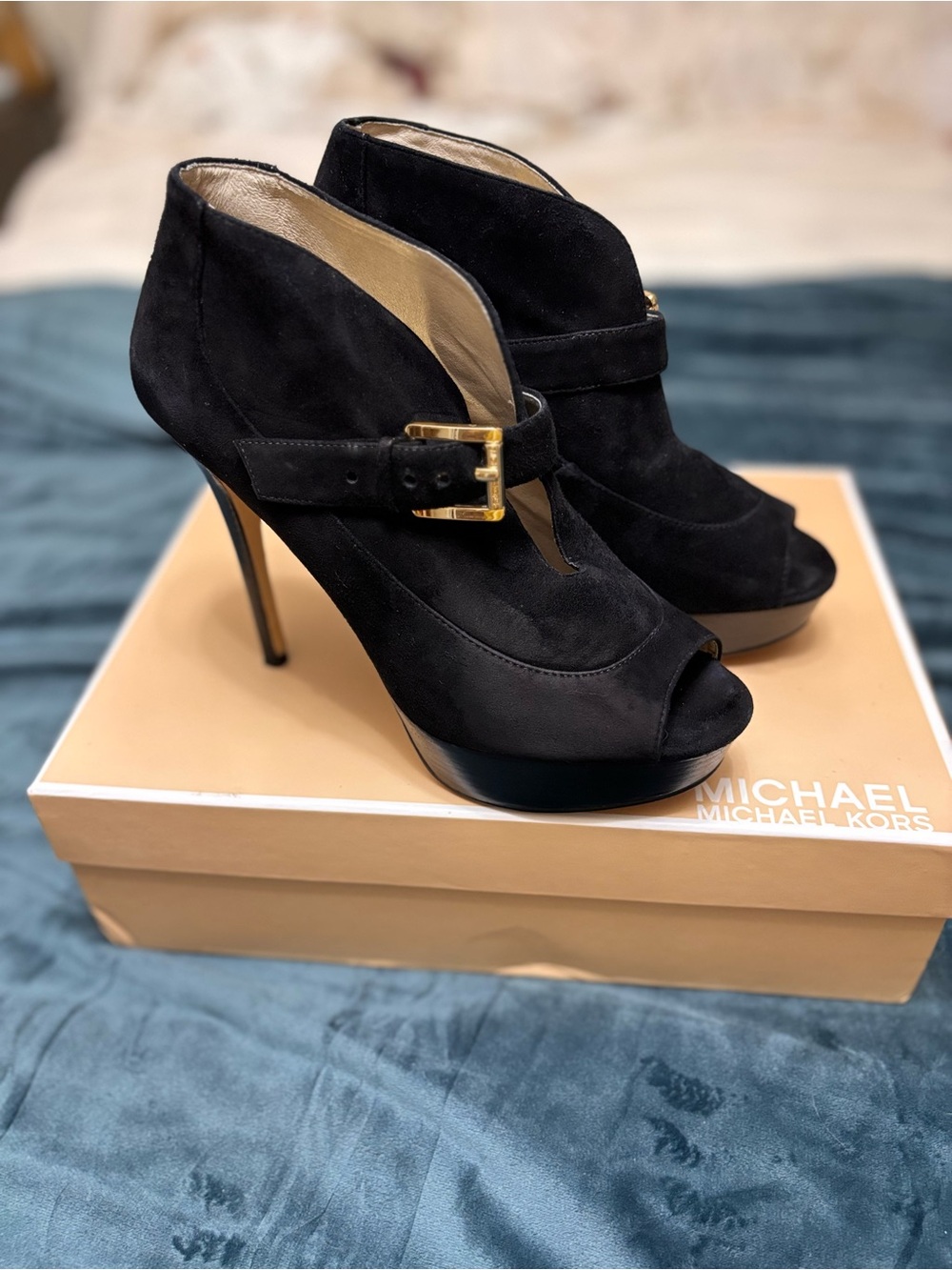 MICHAEL Michael Kors Black Suede Peep-Toe Ankle Booties with Gold Buckle